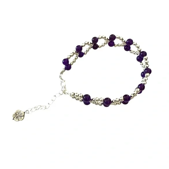 Purple Carnelian Chalcedony and Silver Seed Bead Bracelet with Adjuster - Picture 9 of 10